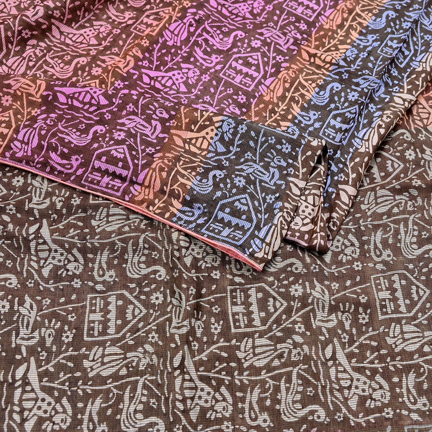 Indian Vintage Brown & Multi Saree Pure Khadi Silk Handloom Printed Sari Fabric 5yd Ethnic Wear Sari Birds Designs Dress making Crafting