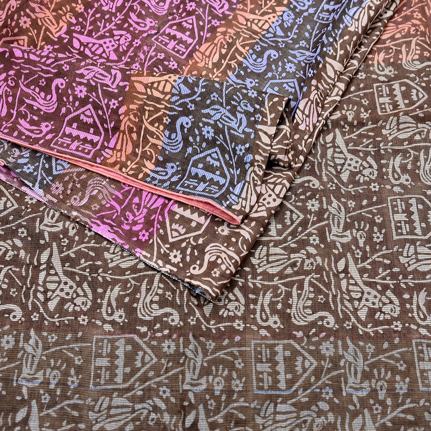 Indian Vintage Brown & Multi Saree Pure Khadi Silk Handloom Printed Sari Fabric 5yd Ethnic Wear Sari Birds Designs Dress making Crafting