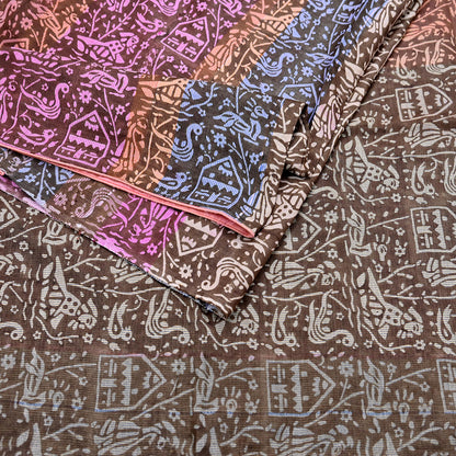 Indian Vintage Brown & Multi Saree Pure Khadi Silk Handloom Printed Sari Fabric 5yd Ethnic Wear Sari Birds Designs Dress making Crafting