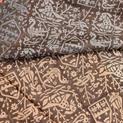 Indian Vintage Brown & Multi Saree Pure Khadi Silk Handloom Printed Sari Fabric 5yd Ethnic Wear Sari Birds Designs Dress making Crafting
