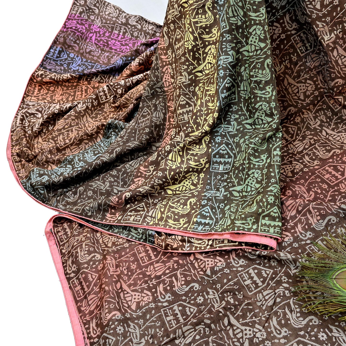 Indian Vintage Brown & Multi Saree Pure Khadi Silk Handloom Printed Sari Fabric 5yd Ethnic Wear Sari Birds Designs Dress making Crafting