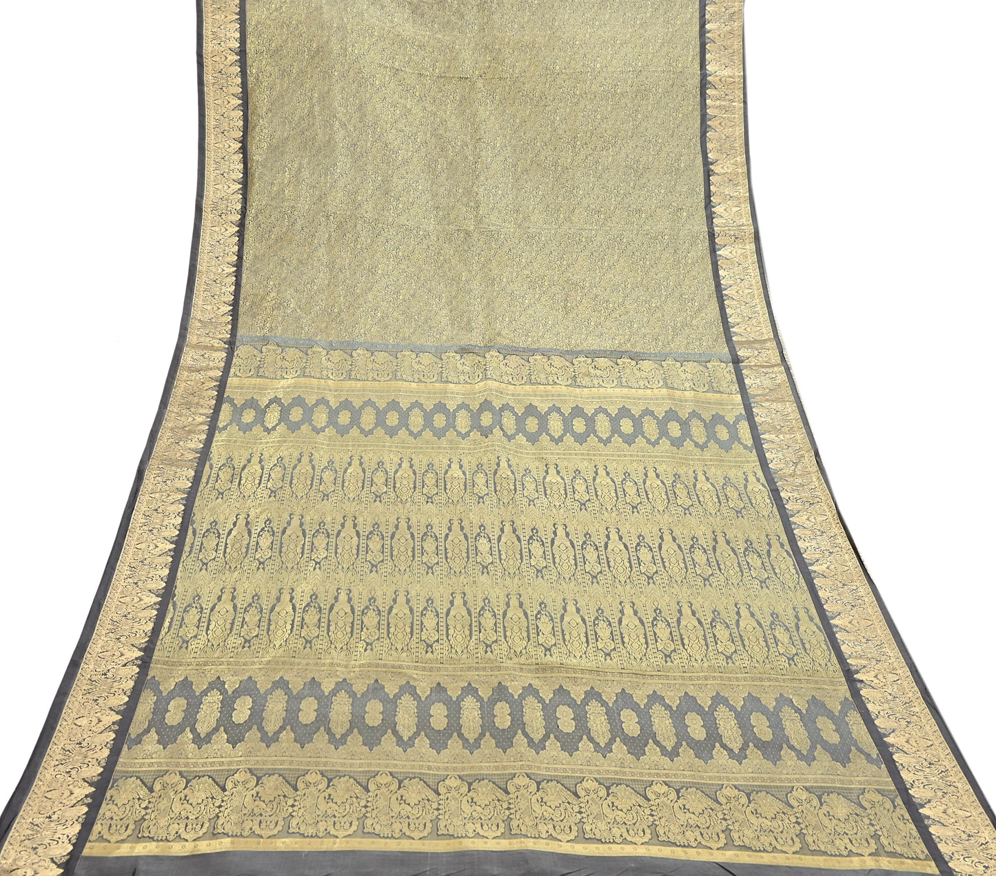 Indian Antique Vintage Gray Kanjivaram Saree Handwoven 100% Pure Silk Heavy Zari Work 5 Yards Craft Fabric for Sewing, Dressmaking