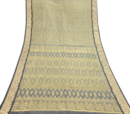 Indian Antique Vintage Gray Kanjivaram Saree Handwoven 100% Pure Silk Heavy Zari Work 5 Yards Craft Fabric for Sewing, Dressmaking