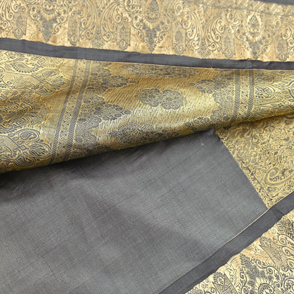 Indian Antique Vintage Gray Kanjivaram Saree Handwoven 100% Pure Silk Heavy Zari Work 5 Yards Craft Fabric for Sewing, Dressmaking