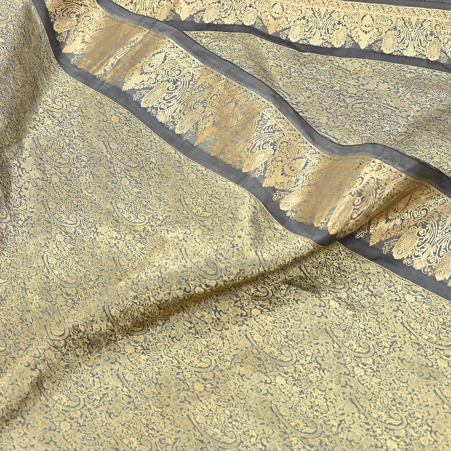 Indian Antique Vintage Gray Kanjivaram Saree Handwoven 100% Pure Silk Heavy Zari Work 5 Yards Craft Fabric for Sewing, Dressmaking