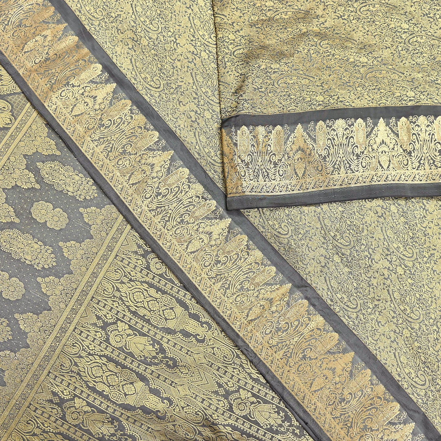 Indian Antique Vintage Gray Kanjivaram Saree Handwoven 100% Pure Silk Heavy Zari Work 5 Yards Craft Fabric for Sewing, Dressmaking
