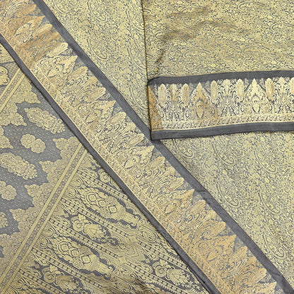 Indian Antique Vintage Gray Kanjivaram Saree Handwoven 100% Pure Silk Heavy Zari Work 5 Yards Craft Fabric for Sewing, Dressmaking