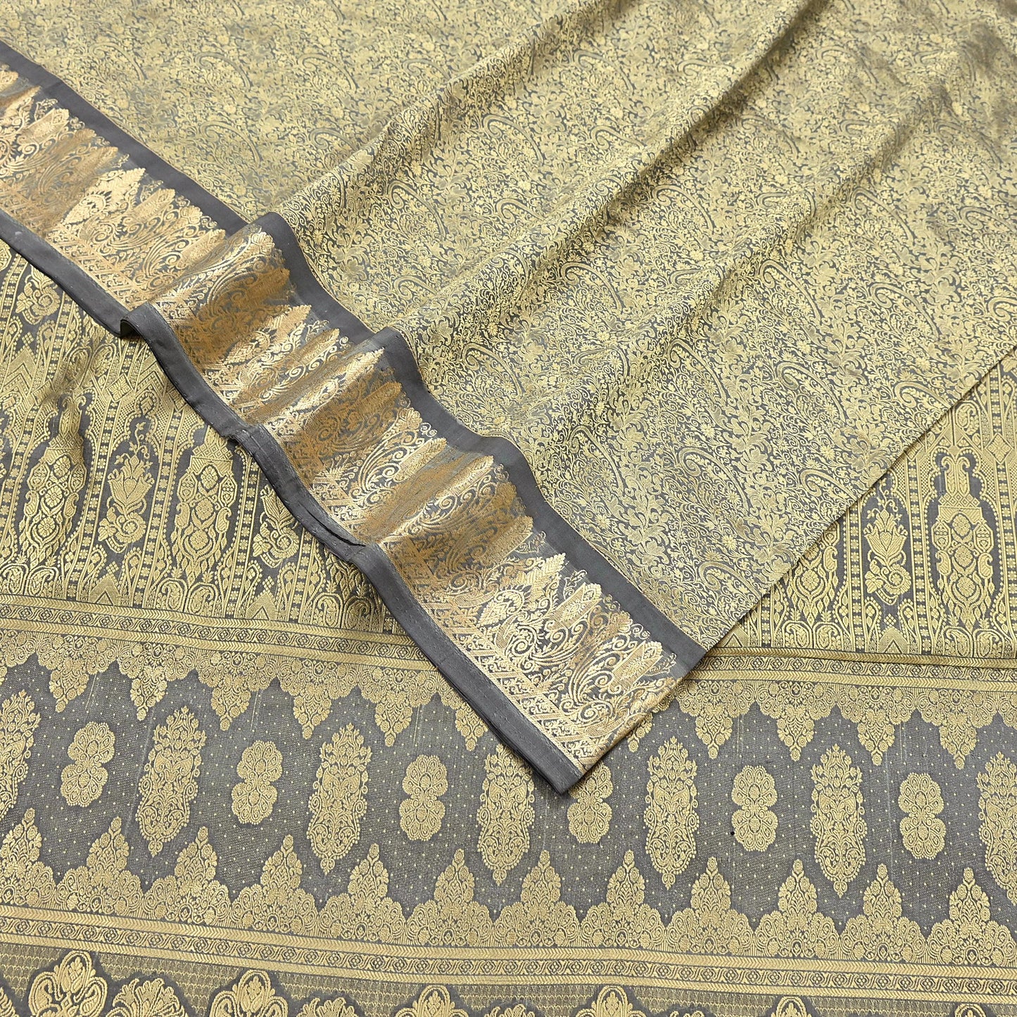 Indian Antique Vintage Gray Kanjivaram Saree Handwoven 100% Pure Silk Heavy Zari Work 5 Yards Craft Fabric for Sewing, Dressmaking