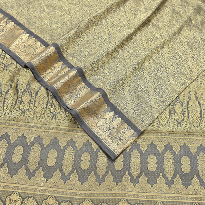 Indian Antique Vintage Gray Kanjivaram Saree Handwoven 100% Pure Silk Heavy Zari Work 5 Yards Craft Fabric for Sewing, Dressmaking