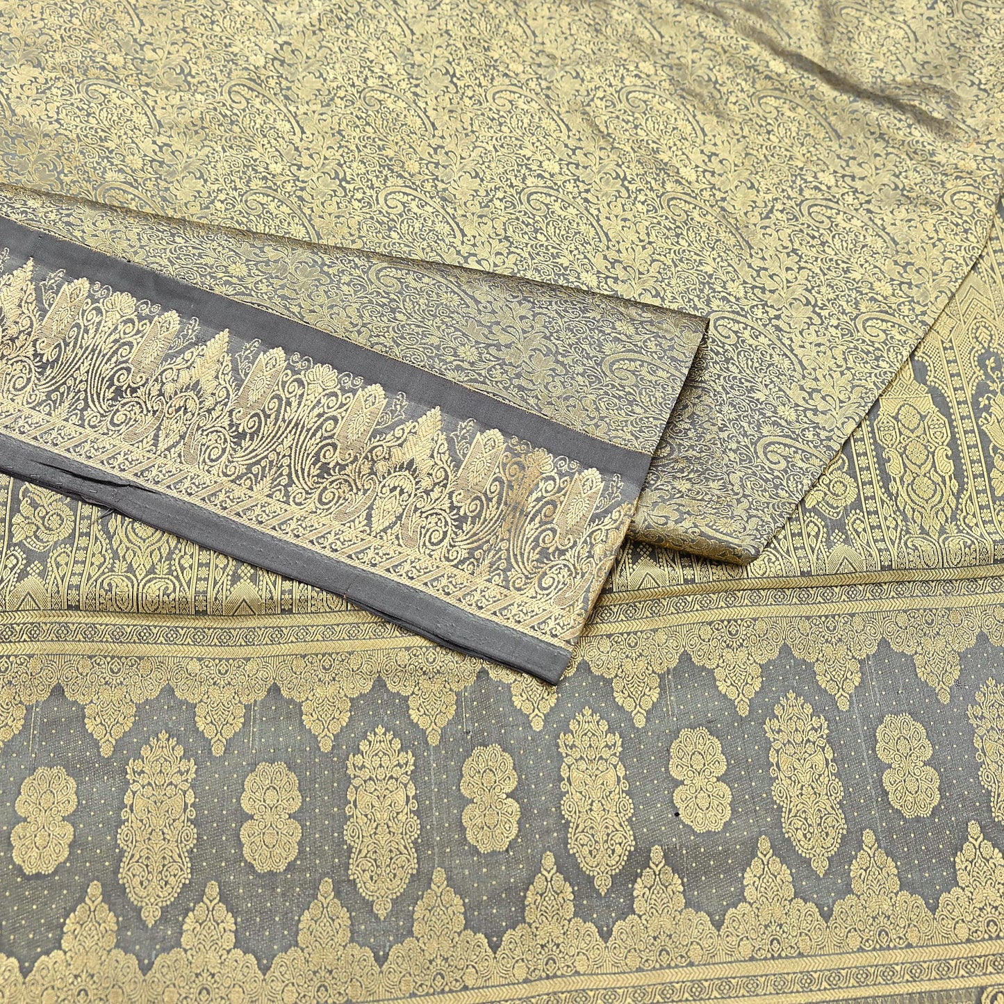 Indian Antique Vintage Gray Kanjivaram Saree Handwoven 100% Pure Silk Heavy Zari Work 5 Yards Craft Fabric for Sewing, Dressmaking