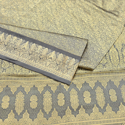 Indian Antique Vintage Gray Kanjivaram Saree Handwoven 100% Pure Silk Heavy Zari Work 5 Yards Craft Fabric for Sewing, Dressmaking