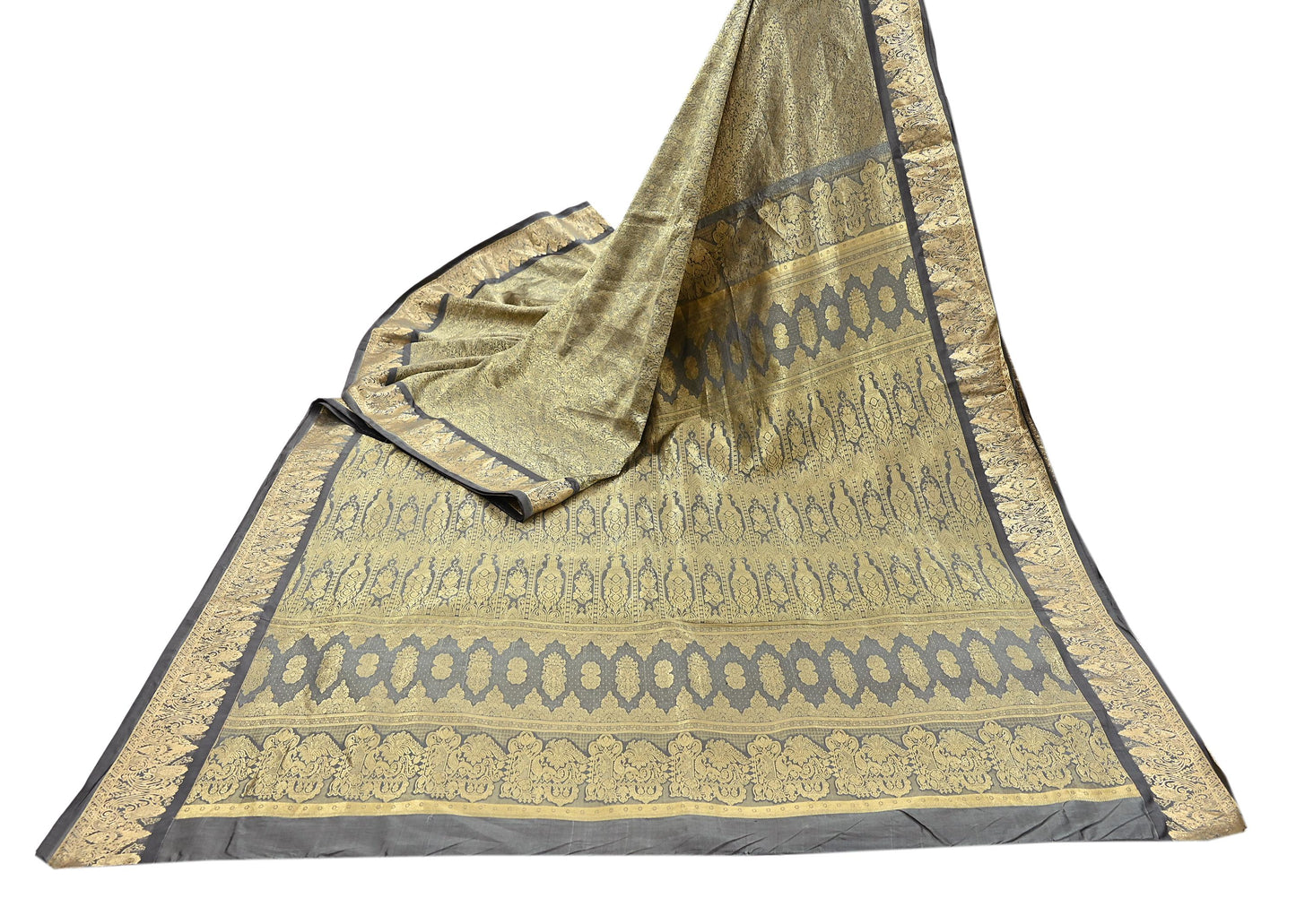 Indian Antique Vintage Gray Kanjivaram Saree Handwoven 100% Pure Silk Heavy Zari Work 5 Yards Craft Fabric for Sewing, Dressmaking