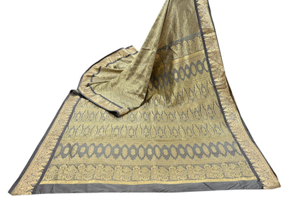Indian Antique Vintage Gray Kanjivaram Saree Handwoven 100% Pure Silk Heavy Zari Work 5 Yards Craft Fabric for Sewing, Dressmaking