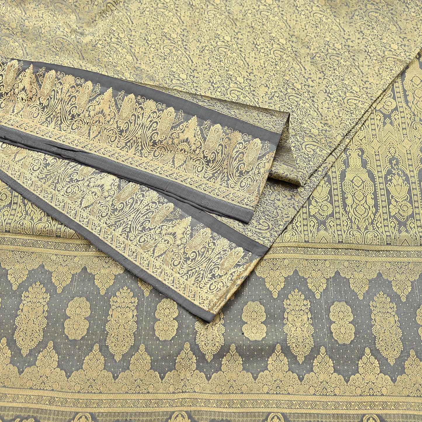 Indian Antique Vintage Gray Kanjivaram Saree Handwoven 100% Pure Silk Heavy Zari Work 5 Yards Craft Fabric for Sewing, Dressmaking