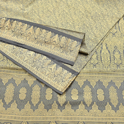 Indian Antique Vintage Gray Kanjivaram Saree Handwoven 100% Pure Silk Heavy Zari Work 5 Yards Craft Fabric for Sewing, Dressmaking