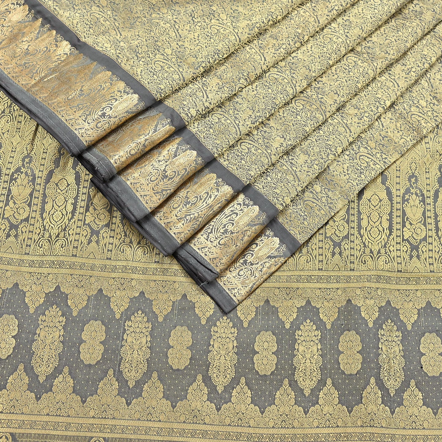 Indian Antique Vintage Gray Kanjivaram Saree Handwoven 100% Pure Silk Heavy Zari Work 5 Yards Craft Fabric for Sewing, Dressmaking