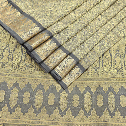 Indian Antique Vintage Gray Kanjivaram Saree Handwoven 100% Pure Silk Heavy Zari Work 5 Yards Craft Fabric for Sewing, Dressmaking