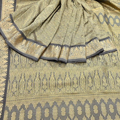Indian Antique Vintage Gray Kanjivaram Saree Handwoven 100% Pure Silk Heavy Zari Work 5 Yards Craft Fabric for Sewing, Dressmaking