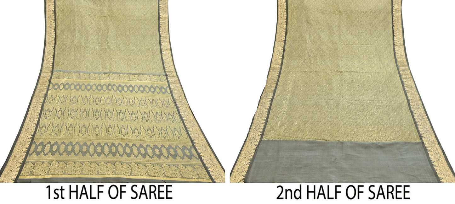 Indian Antique Vintage Gray Kanjivaram Saree Handwoven 100% Pure Silk Heavy Zari Work 5 Yards Craft Fabric for Sewing, Dressmaking