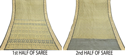 Indian Antique Vintage Gray Kanjivaram Saree Handwoven 100% Pure Silk Heavy Zari Work 5 Yards Craft Fabric for Sewing, Dressmaking
