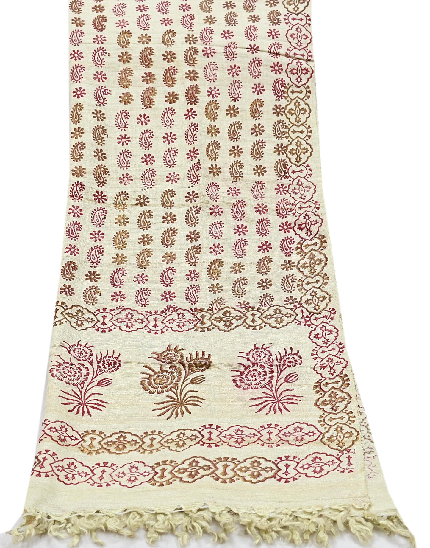 Indian Vintage Ivory Dupatta Long Stole 100% Pure Khadi Silk Hand Woven/ Painted Indian Scarves Veil Scarf Wrap Hippie Fringes