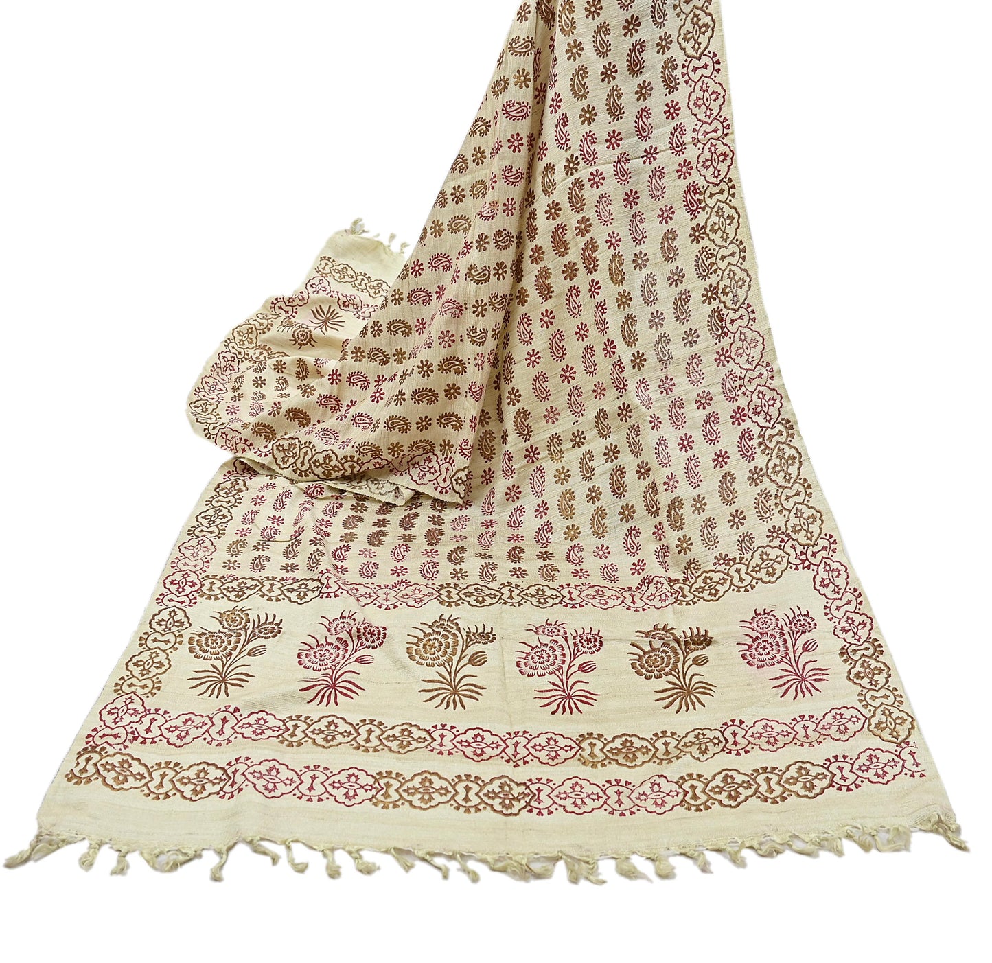 Indian Vintage Ivory Dupatta Long Stole 100% Pure Khadi Silk Hand Woven/ Painted Indian Scarves Veil Scarf Wrap Hippie Fringes