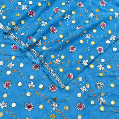 Indian Vintage Blue Dupatta Pure Georgette silk Long Stole Hand Embroidered Scarves Stole Veil Wrap Sequins