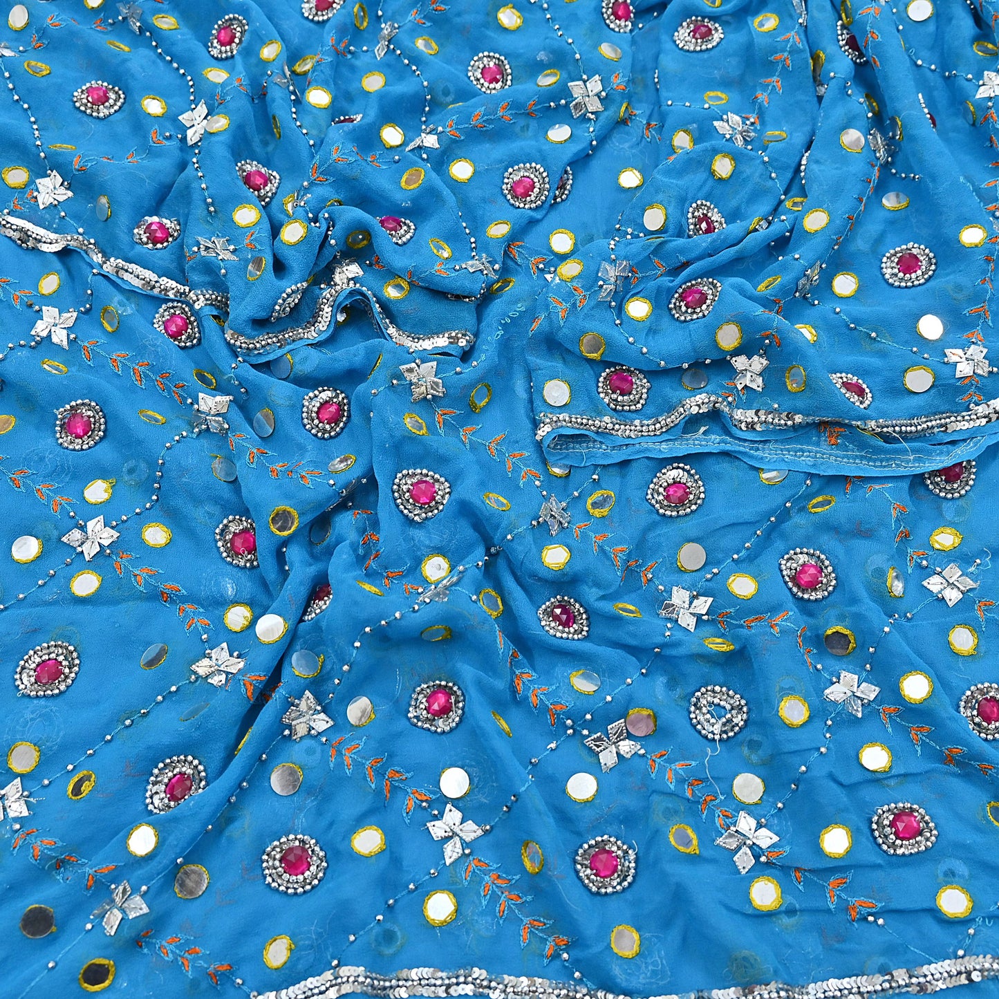 Indian Vintage Blue Dupatta Pure Georgette silk Long Stole Hand Embroidered Scarves Stole Veil Wrap Sequins