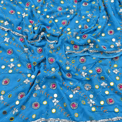 Indian Vintage Blue Dupatta Pure Georgette silk Long Stole Hand Embroidered Scarves Stole Veil Wrap Sequins