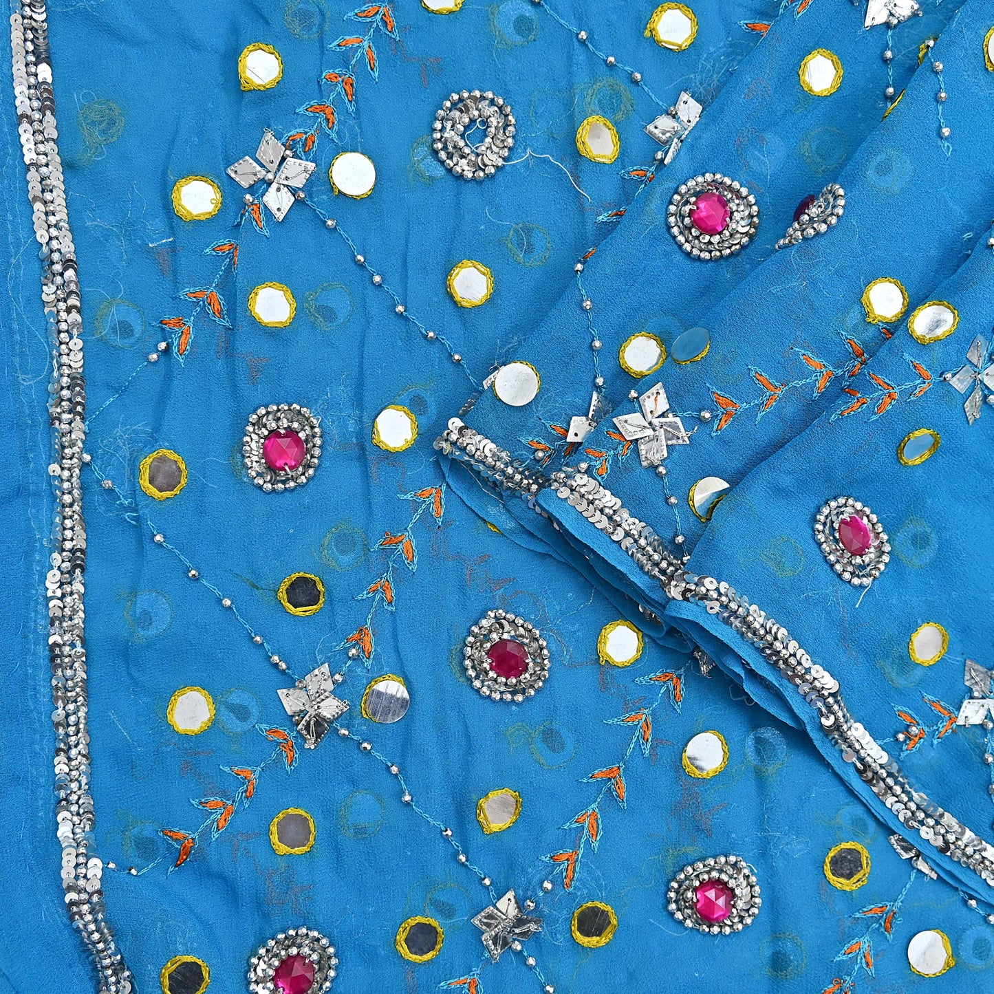 Indian Vintage Blue Dupatta Pure Georgette silk Long Stole Hand Embroidered Scarves Stole Veil Wrap Sequins