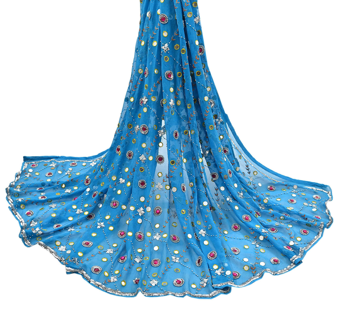 Indian Vintage Blue Dupatta Pure Georgette silk Long Stole Hand Embroidered Scarves Stole Veil Wrap Sequins