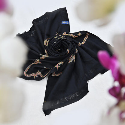 Indian Vintage Black Shawl Pure Woolen Handmade Suzani Long Throw Stole Warm Floral Design Soft Cozy