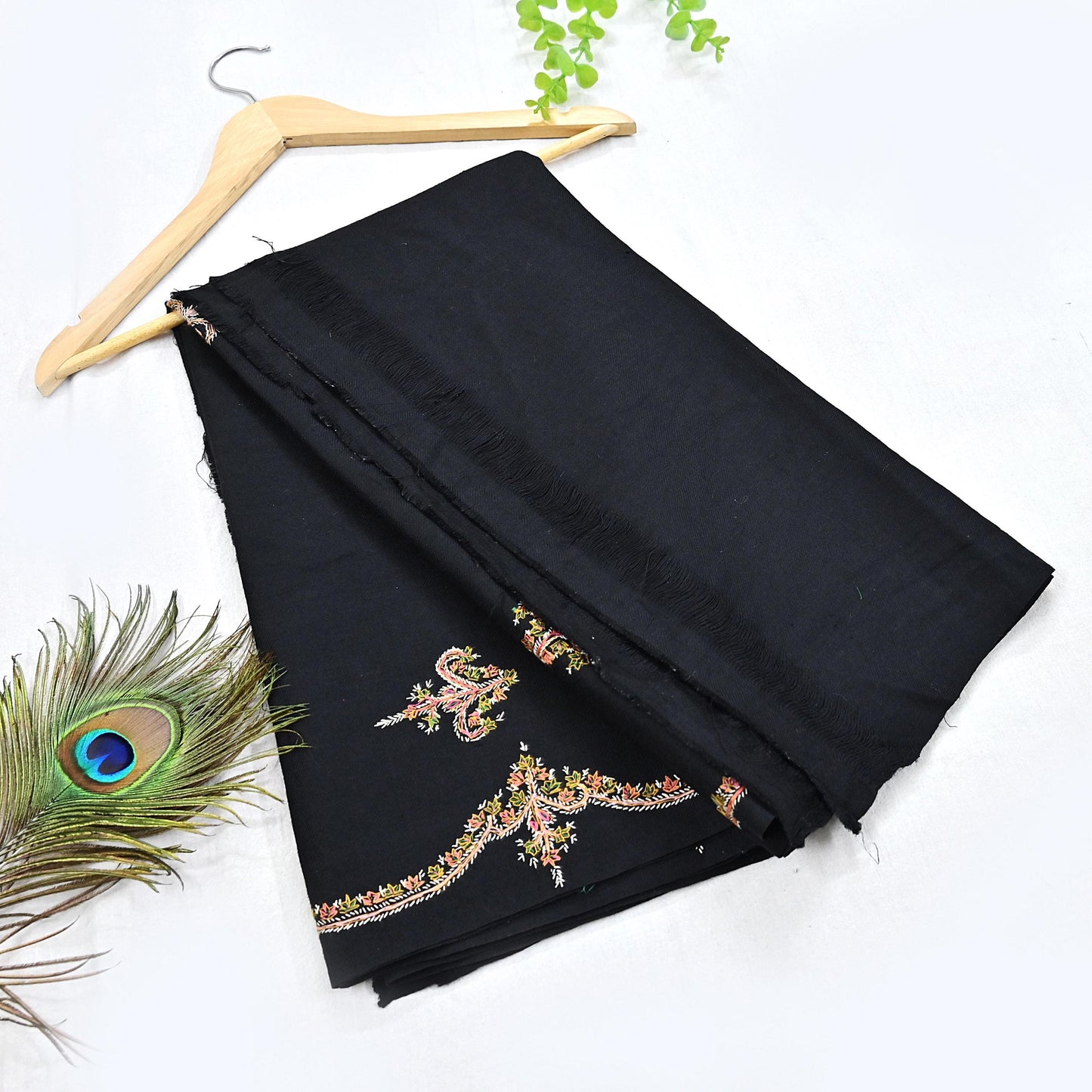 Indian Vintage Black Shawl Pure Woolen Handmade Suzani Long Throw Stole Warm Floral Design Soft Cozy