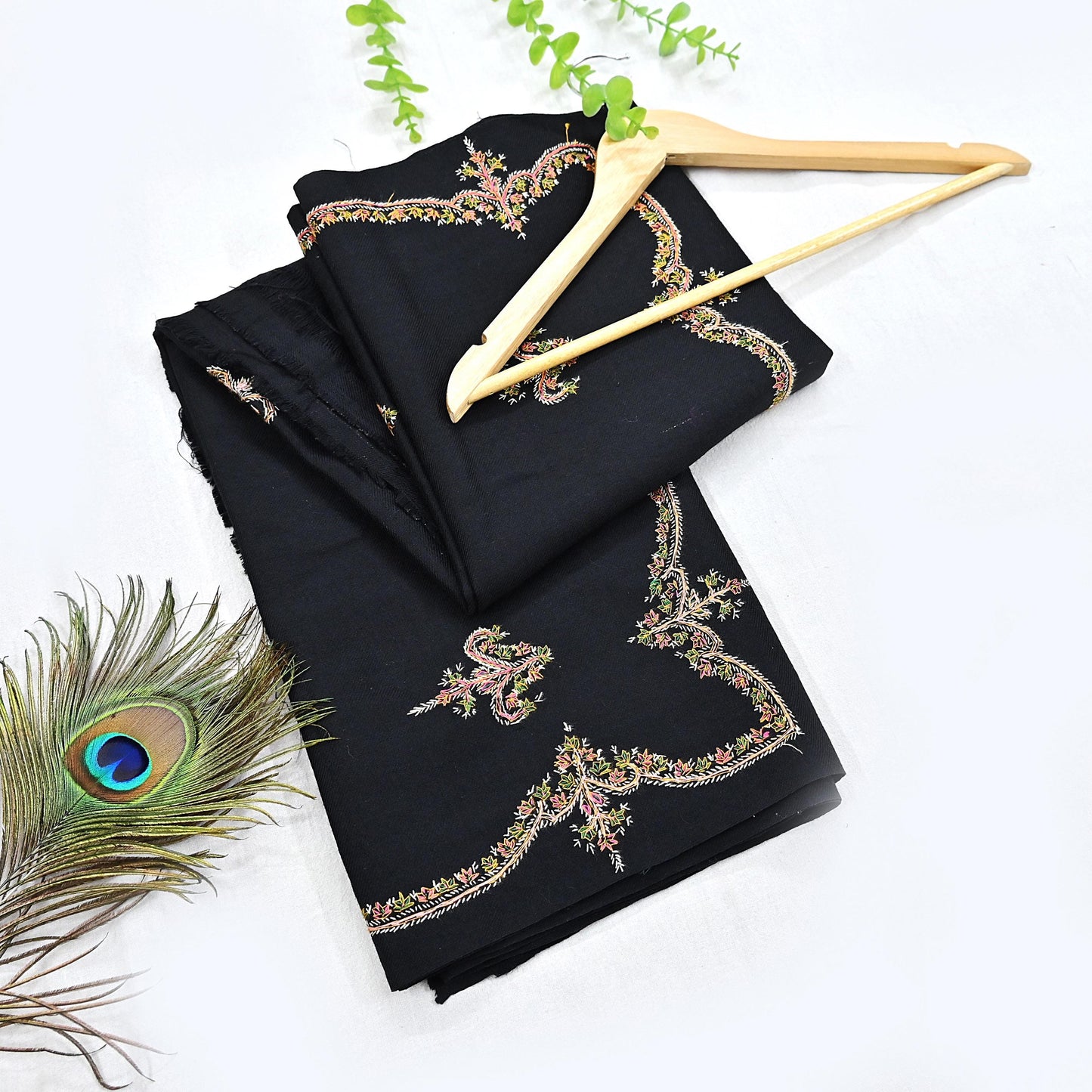 Indian Vintage Black Shawl Pure Woolen Handmade Suzani Long Throw Stole Warm Floral Design Soft Cozy
