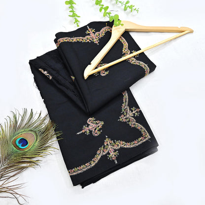 Indian Vintage Black Shawl Pure Woolen Handmade Suzani Long Throw Stole Warm Floral Design Soft Cozy