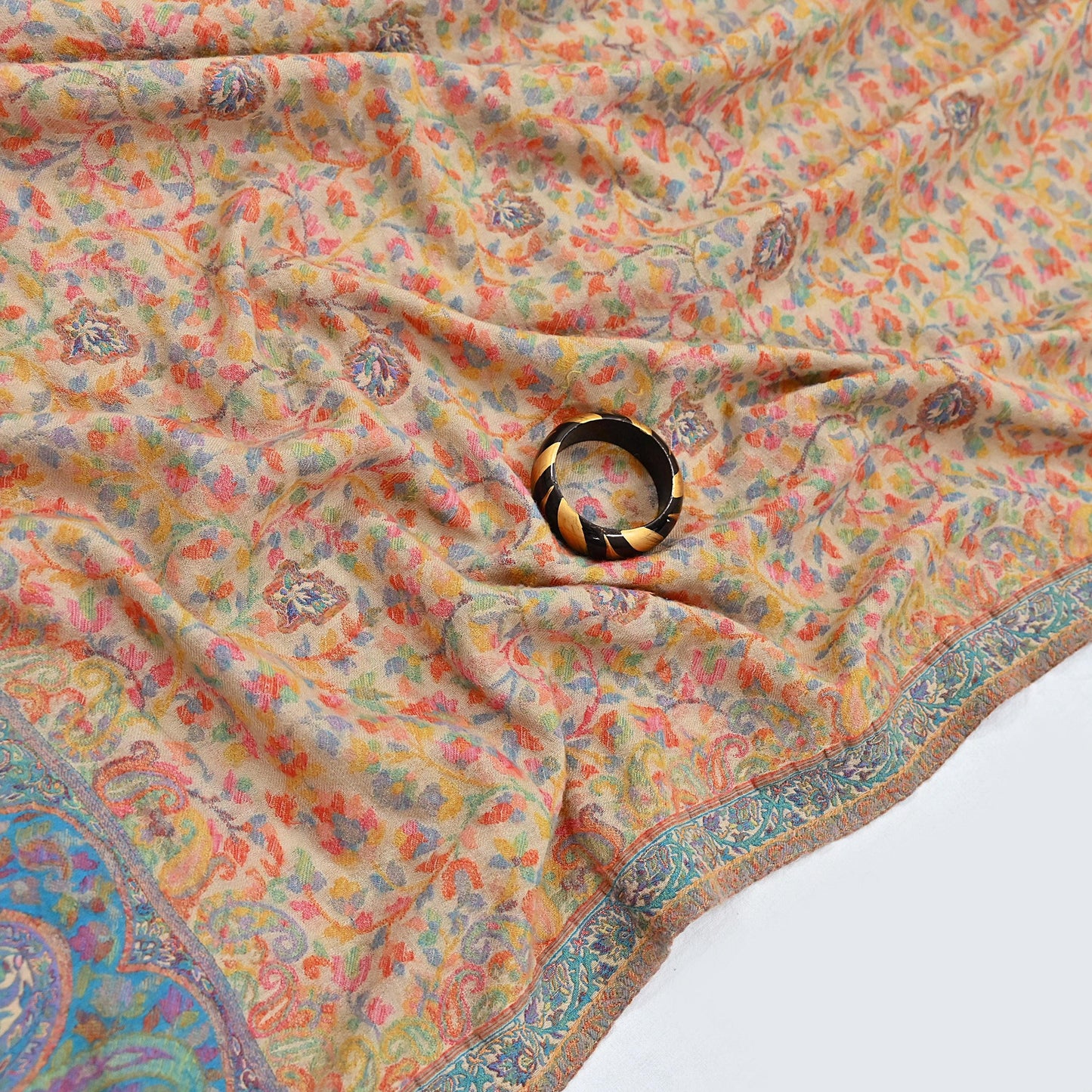 Indian Vintage Beige Pure Woolen Shawl Handmade Woven Jamawar Work Long Throw Stole Warm Paisley Design Soft