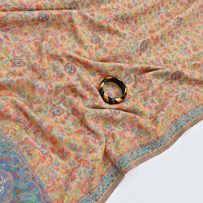 Indian Vintage Beige Pure Woolen Shawl Handmade Woven Jamawar Work Long Throw Stole Warm Paisley Design Soft