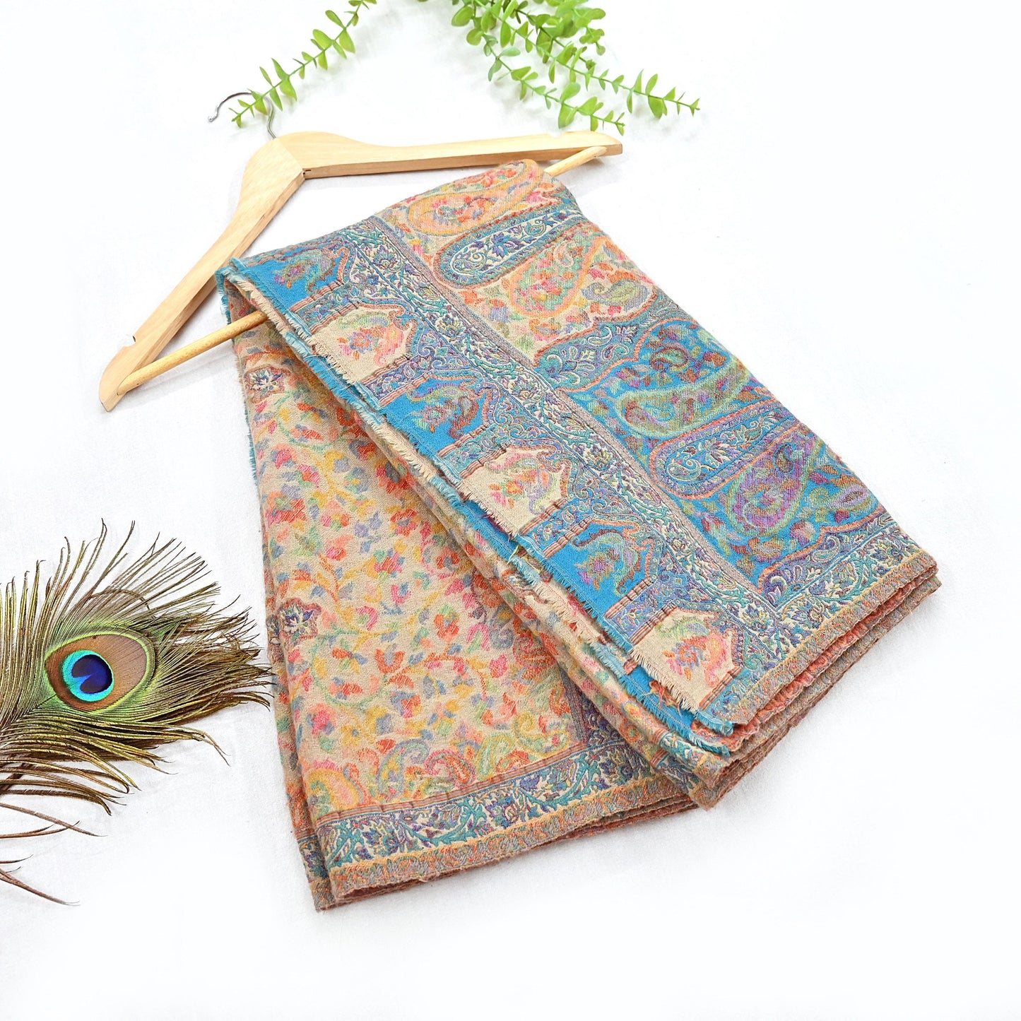 Indian Vintage Beige Pure Woolen Shawl Handmade Woven Jamawar Work Long Throw Stole Warm Paisley Design Soft