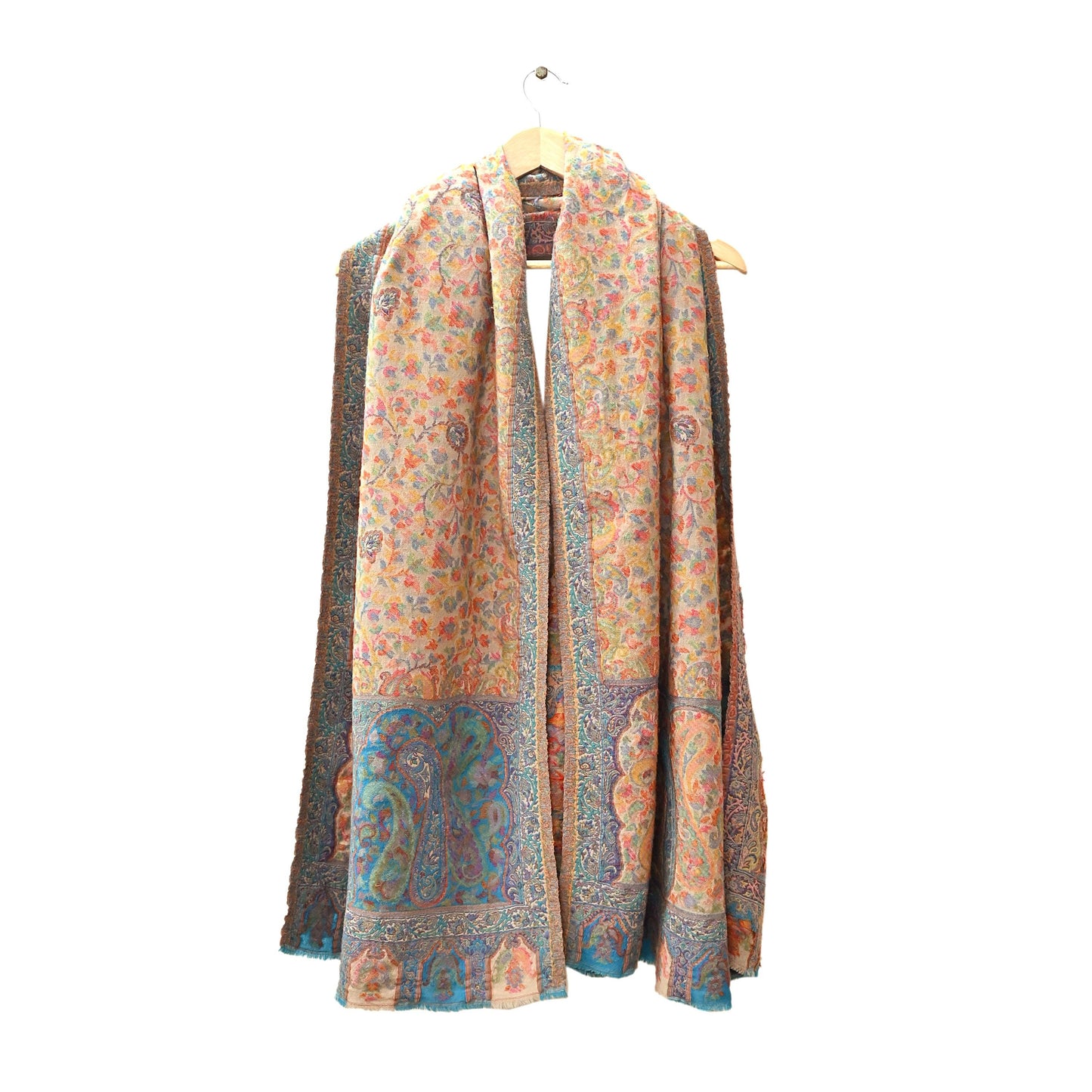 Indian Vintage Beige Pure Woolen Shawl Handmade Woven Jamawar Work Long Throw Stole Warm Paisley Design Soft