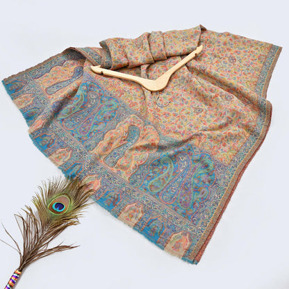 Indian Vintage Beige Pure Woolen Shawl Handmade Woven Jamawar Work Long Throw Stole Warm Paisley Design Soft