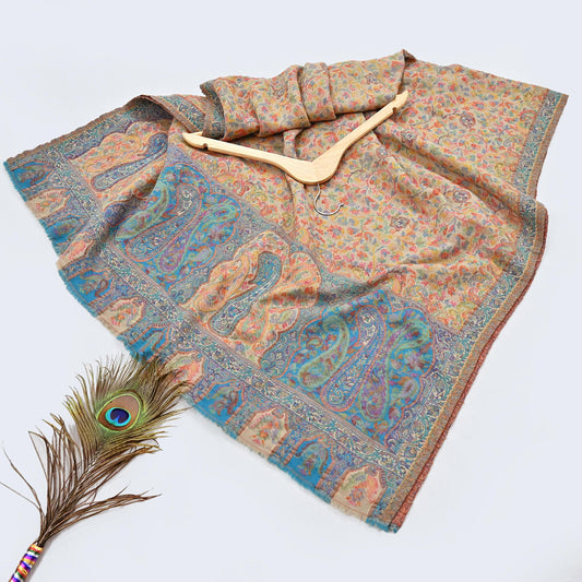 Indian Vintage Beige Pure Woolen Shawl Handmade Woven Jamawar Work Long Throw Stole Warm Paisley Design Soft