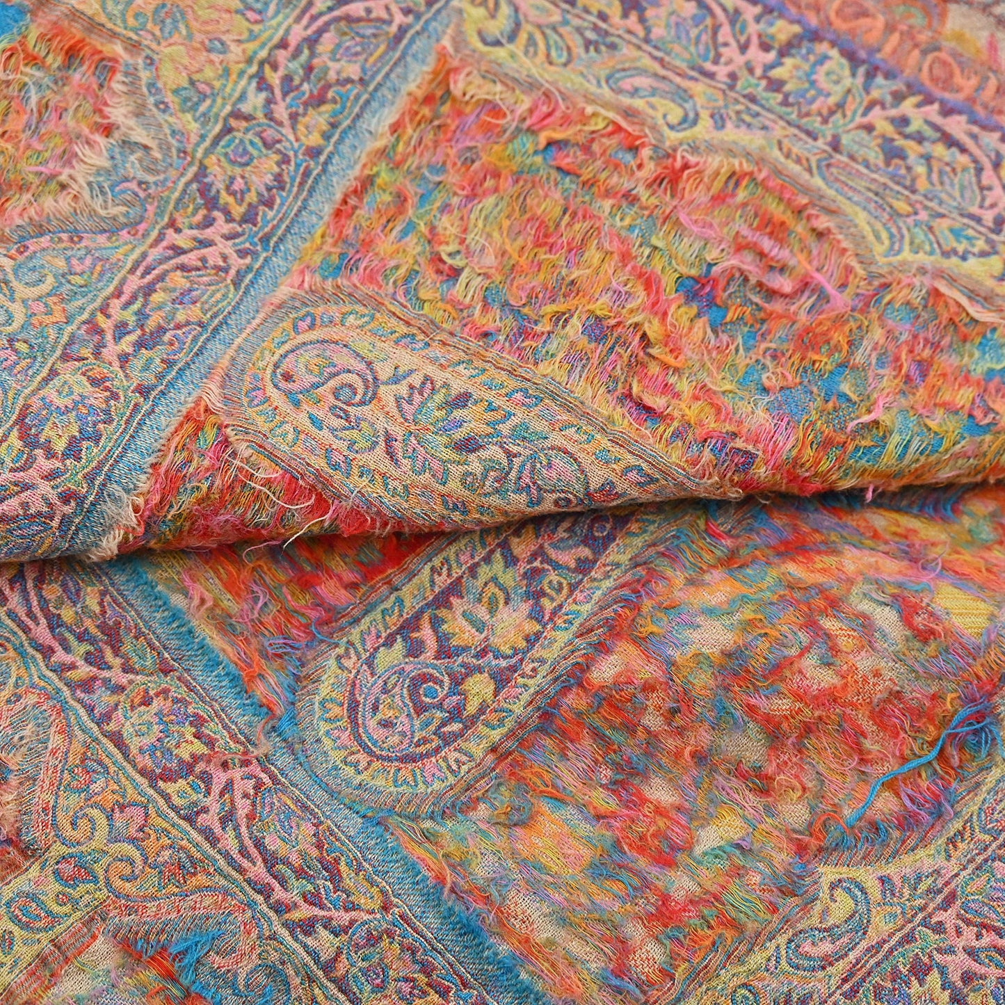 Indian Vintage Beige Pure Woolen Shawl Handmade Woven Jamawar Work Long Throw Stole Warm Paisley Design Soft
