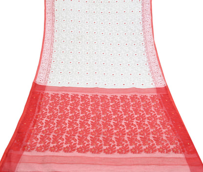 Indian Vintage Sarees Red & White Cotton Hand Woven Jamdani Sari 5yd Ethnic Floral Craft Fabric Dress making Upcycle Crafting Quilting Zari