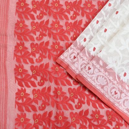 Indian Vintage Sarees Red & White Cotton Hand Woven Jamdani Sari 5yd Ethnic Floral Craft Fabric Dress making Upcycle Crafting Quilting Zari