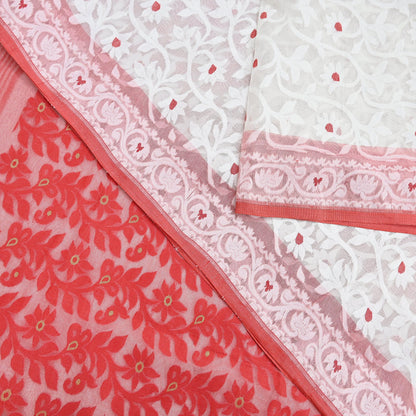 Indian Vintage Sarees Red & White Cotton Hand Woven Jamdani Sari 5yd Ethnic Floral Craft Fabric Dress making Upcycle Crafting Quilting Zari