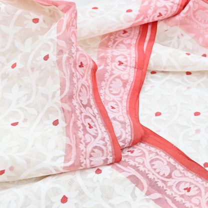 Indian Vintage Sarees Red & White Cotton Hand Woven Jamdani Sari 5yd Ethnic Floral Craft Fabric Dress making Upcycle Crafting Quilting Zari