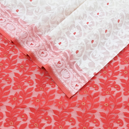 Indian Vintage Sarees Red & White Cotton Hand Woven Jamdani Sari 5yd Ethnic Floral Craft Fabric Dress making Upcycle Crafting Quilting Zari