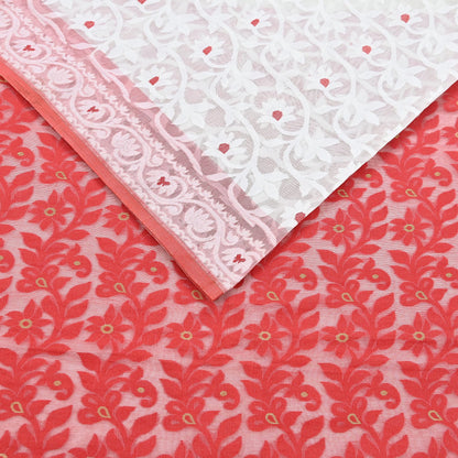 Indian Vintage Sarees Red & White Cotton Hand Woven Jamdani Sari 5yd Ethnic Floral Craft Fabric Dress making Upcycle Crafting Quilting Zari