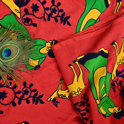 Indian Vintage Red Saree Artificial Silk Embroidered Sari Craft Fabric 5Yd Sewing Stripes Dress making Crafting Quilting Upcycle Fringes