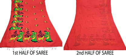 Indian Vintage Red Saree Artificial Silk Embroidered Sari Craft Fabric 5Yd Sewing Stripes Dress making Crafting Quilting Upcycle Fringes